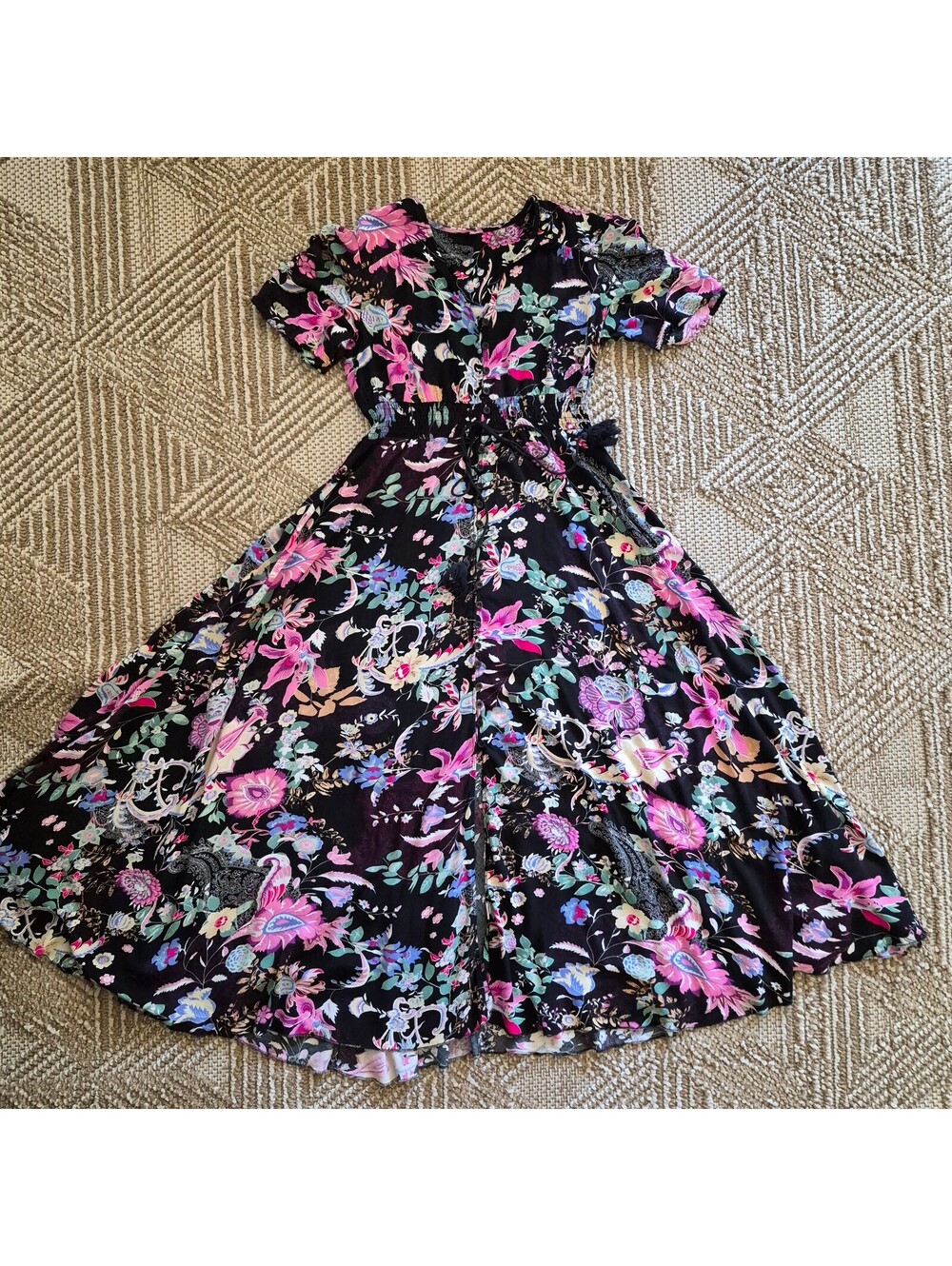 H&M Black Rayon Button Whimsigoth Floral Boho Midi Dress Puff Sleeve L